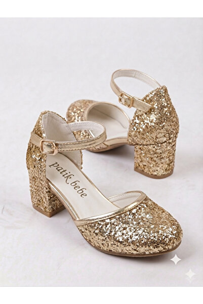 PATİK BEBE Pantofi de seara cu toc patrat de culoare aurie pentru fete