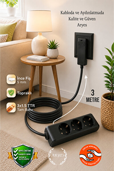 3-Piece Black Socket 3m Thin Plug Extension Cable 100% Copper Cable Back of Furniture
