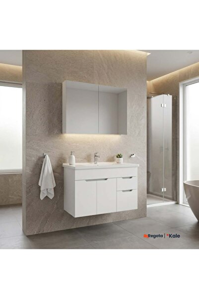 KALE Stora 100 cm Set Parlak Beyaz (Lavabo Dolabı + Aynalı Dolap)
