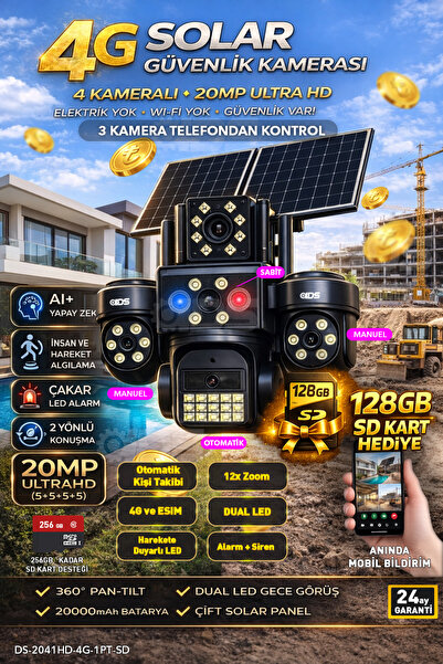 IDS 4 Lens 20MP Ultra HD Tam Kontrol Sim Kartlı Güneş Enerjili Kamera 12xZoom...