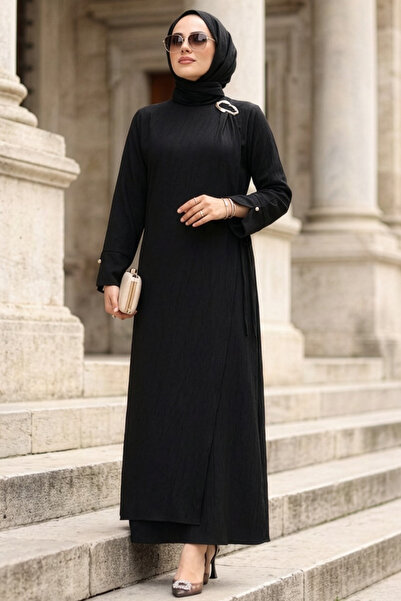 N.S NEVA STYLE Rochie neagră cu detalii asimetrice, stil hijab 19303S