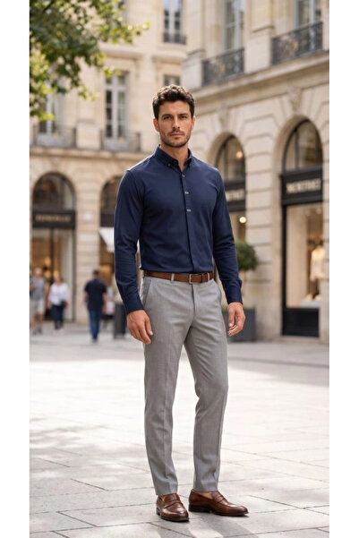 Generic Brand Men's long sleeve shirt with concealed button and metal detail