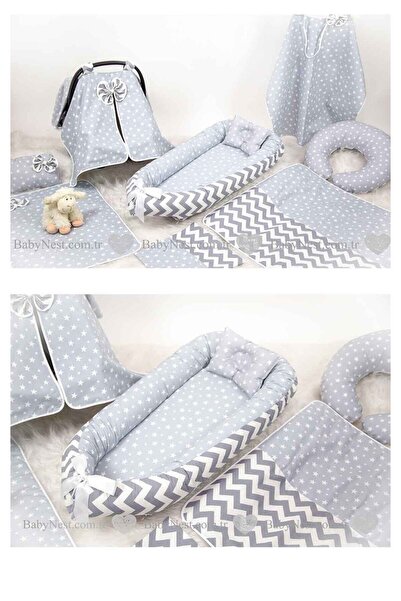 Babynest Full Set 9 Parça Ihtiyaç Ürünleri Gri Küçük Yıldız Ve Gri Zikzak