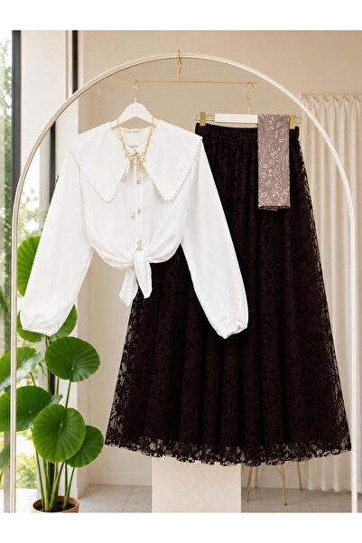 MODA VEDAT Kadın Yaka Güpür Detaylı Gömlek - Tül Etekli Takım