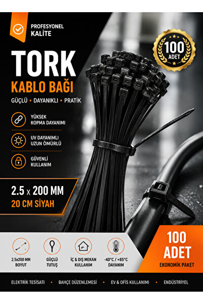 By mag 100 Adet Tork 2.5x200 Kablo Bağı Plastik Cırt Kelepçe 20 Cm Siyah