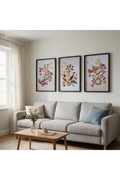 woodretro 3-Piece Wood-Framed Mdf Painting Set - Bohemian Bird and Flower The...