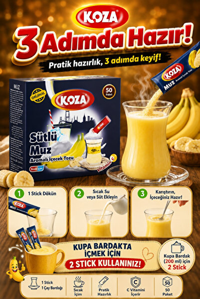 Koza Gurmelerin Seçimi Pratik Lezzet Sütlü Muz Aromalı Tek İçimlik Premium Muzlu İçecek Tozu 50 Stick