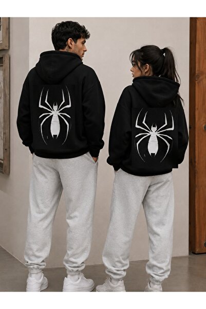 Boi Big Spider Sweatshirt Zippered Cardigan - Black Printed Oversize Pocket L...