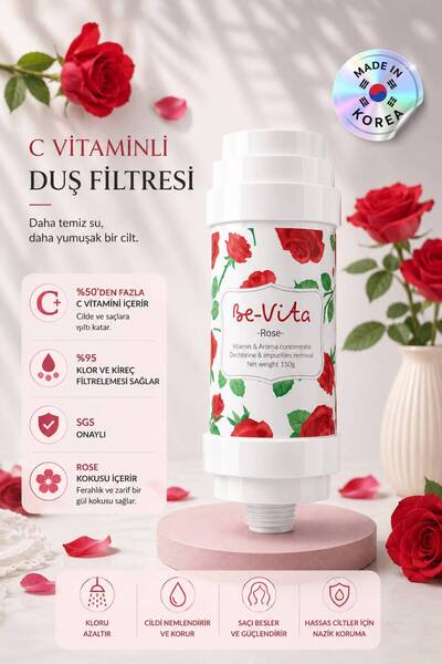 Be-Vita Rose C Vitaminli Aromatik Duş Filtresi - Saç Dökülme Karşıtı, Cilt Be...