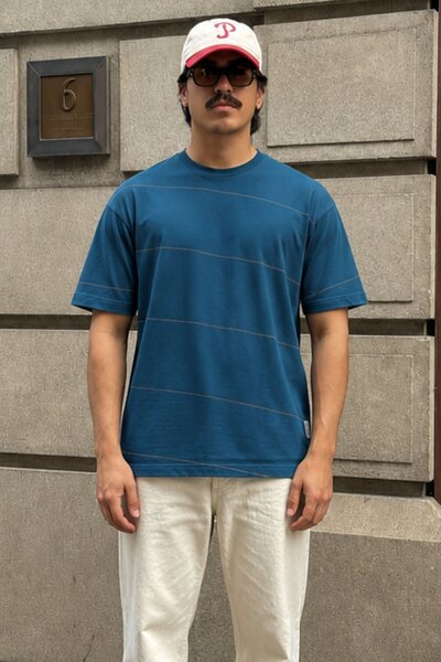 Madmext Petrol Blue Crew Neck Basic Striped Men's T-Shirt E7102