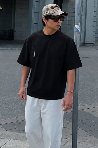 Madmext 7036 Model - Black Crew Neck Printed Overfit T-Shirt