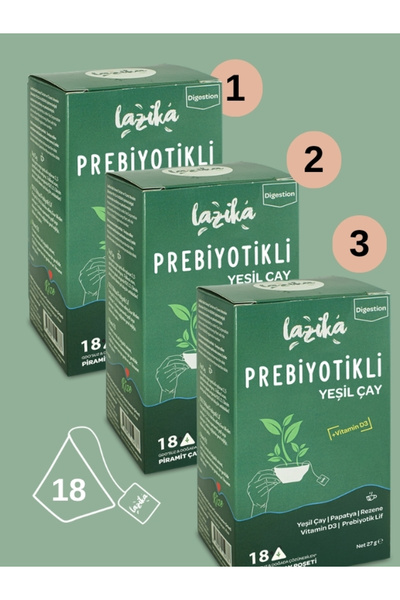 LAZİKA (3'LÜ SET) Avantajlı Prebiyotik Yeşil Çay Seti-(3 x 18 Biyoçözünür Pir...