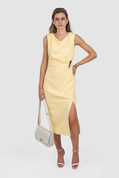 EXPLOSION Rochie damă midi galbenă cu drapaj lateral și slit frontal