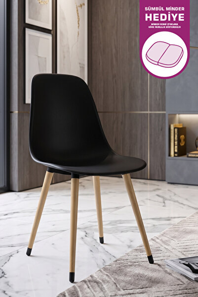 VİLİNZE Eames Naturel Ahşap Ayak Plastik Siyah Sandalye