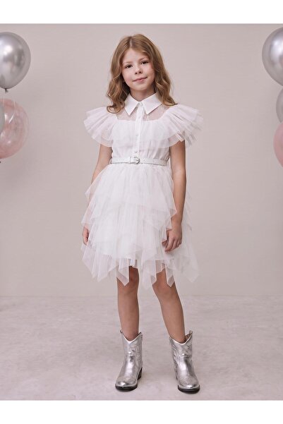 Civil Girls Beli Kemerli Tül 6-12 Yaş Elbise - Beyaz