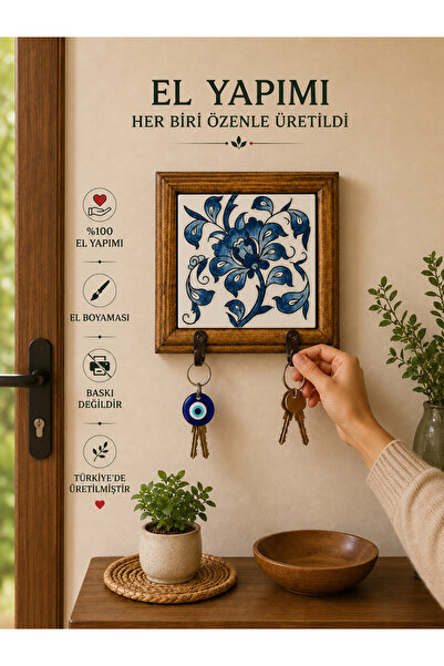 Genel Markalar İznik Desenli Blue & White El Yapımı Seramik Duvar Anahtarlığı...