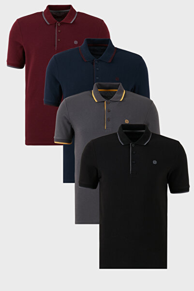 Buratti Pamuklu Regular Fit Şerit Detaylı Düğmeli Polo Yaka 4'lü Paket T Shir...