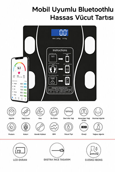 ARVALE Akıllı Bluetooth Tartı | Vücut Analizli Dijital Baskül – 180 kg, LCD E...