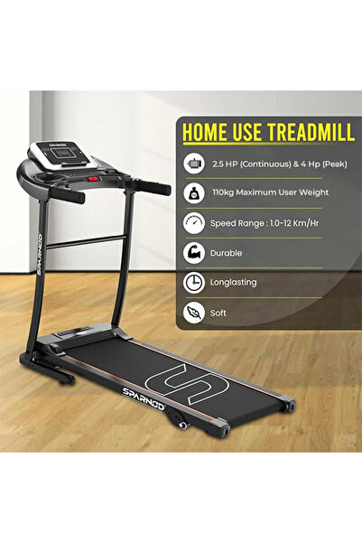 Sparnod Fitness Sth-1250 Foldable Treadmill, 3hp Peak, 12 Pre-set, Hi-fi Speaker, User Weight 100kg 1 Year Warranty