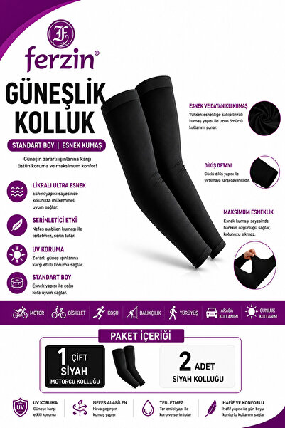 Ferzin Güneşlik Motorcu Kolluğu UV Korumalı Likralı Esnek Spor Kolluğu Standart Boy 1 Çift Siyah + 1 Çift Beyaz Toplam 2 Çift (4 Adet)