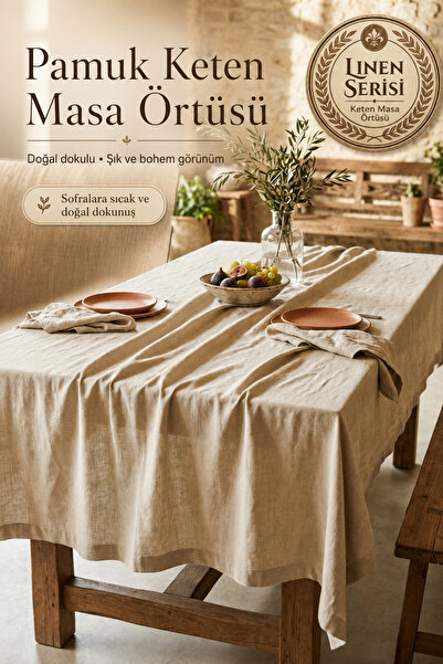 Morlay Linen | Vintage Naturel Keten Masa Örtüsü - Ham Bej Yıkanmış Keten Boh...