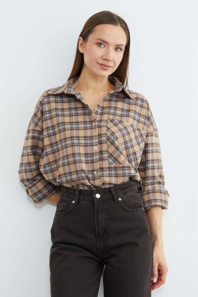 Fulla Moda Plaid Patterned Single Pocket Oversize Shirt