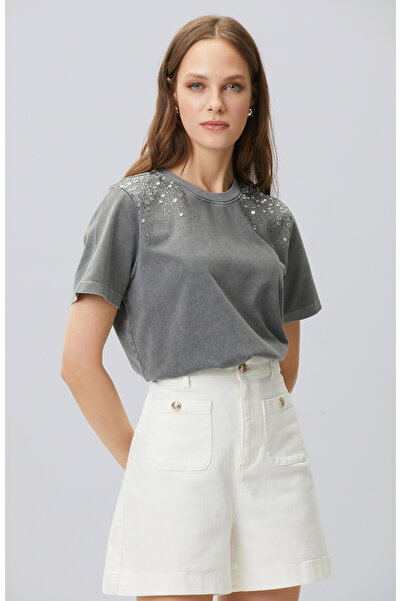 Network Antrasit Omuz Taş Baskılı T-shirt