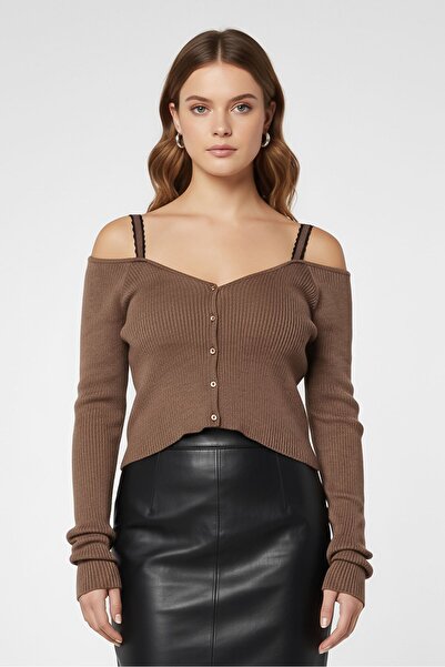 PİNKO Women Square Neck Long Sleeve Metallic Top, Brown