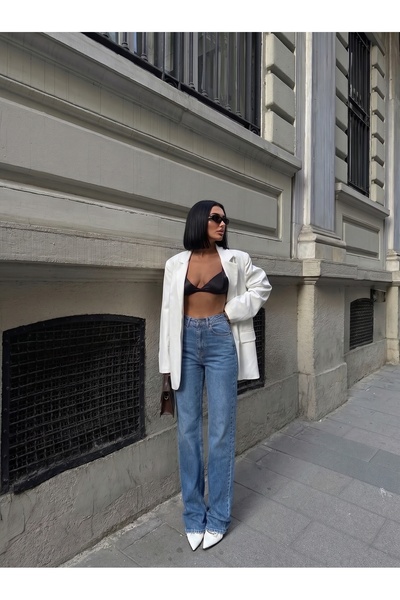 HLT JEANS Дамски сини дънки тип палацо с широки крачоли, висока талия, от ела...