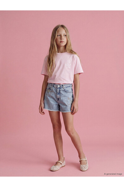 LC Waikiki Vizyon New Season Flower Embroidered Girls' Jean Shorts