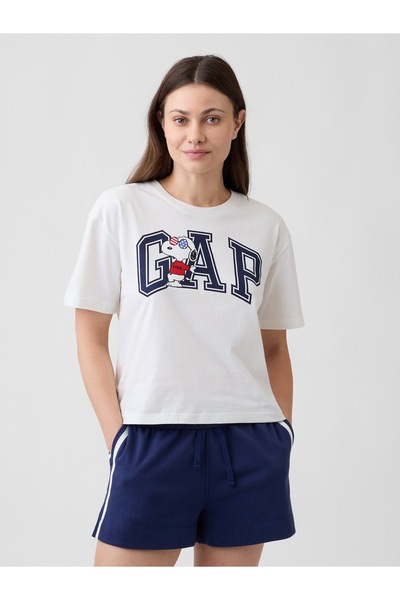 GAP Kadın Beyaz Peanuts Oversized Americana Logo T-Shirt