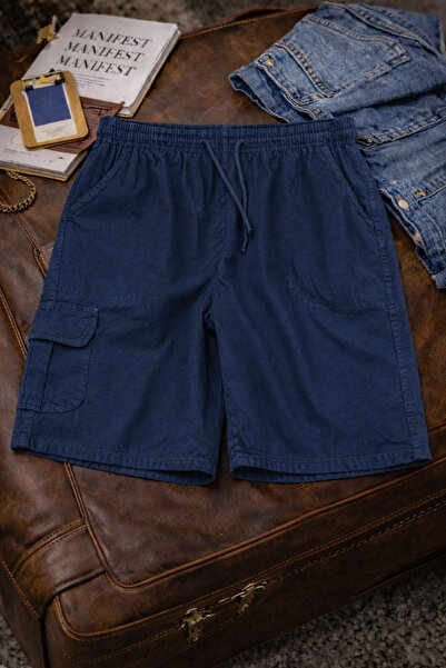 DAMGA JEANS Men's Stylish Trendy Loose Navy Blue Linen Shorts with Cargo Pockets