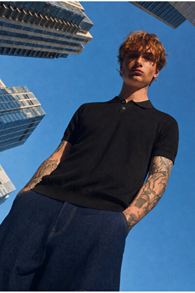 DAMGA JEANS تي شيرت رجالي ذو ملمس مميز من Elite Comfort باللون الأسود وياقة بولو