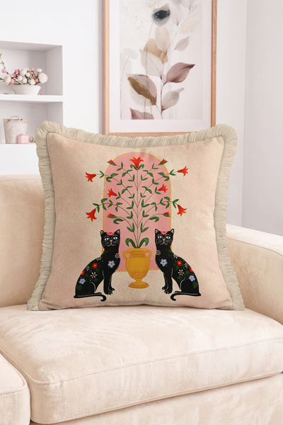 Realhomes Floral Black Cat Figured Vase and Red Floral Patterned Fringed Thro...
