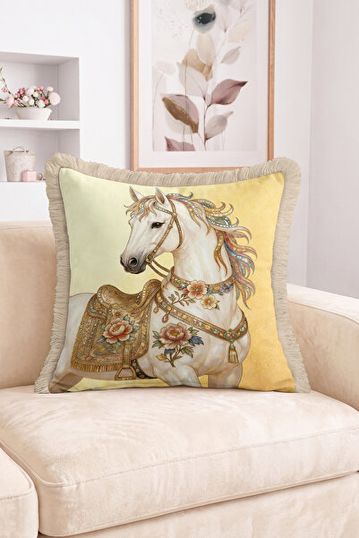 Realhomes Yellow Floor Fringed Throw Pillow Cover with Flower Motifs and Whit...