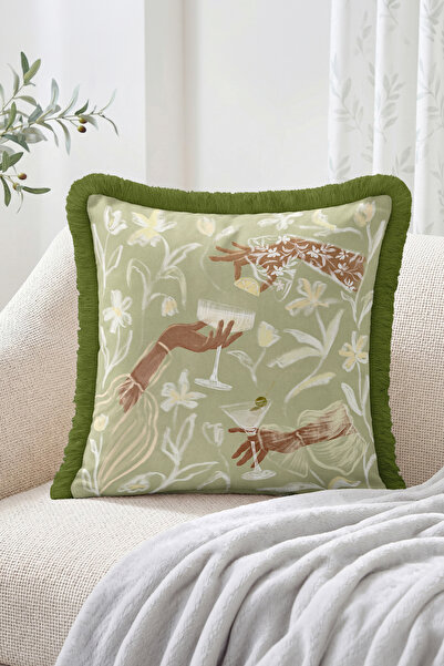 Realhomes Cocktail Glass Holding Hands and Floral Pattern Fringe Throw Pillow...