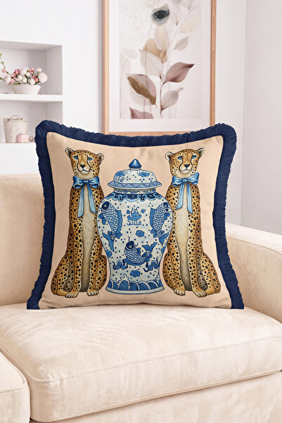 Realhomes Beige Fringed Throw Pillow Cover with Blue Tile Vase and Cheetah Fi...
