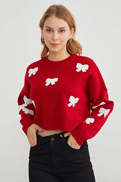 Fulla Moda Ribbon Embroidered Crew Neck Oversize Knit Sweater