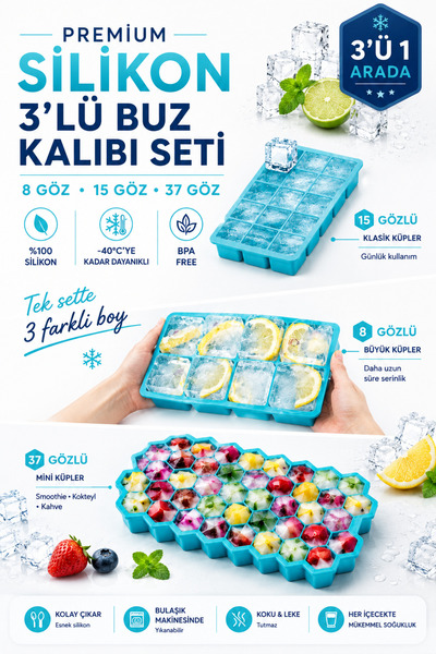 Silvora Trusted silicone rubber solutions 3'lü Buz Kalıbı Seti, Dev buzlar, N...