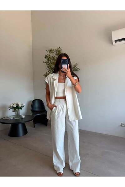 Bade Butik Ecru Side Buttoned Linen Suit