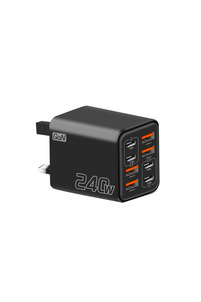 Choice3 شاحن USB-C GaN أسود بقوة 240 واط 8 في 1 مع قابس بريطاني، شاحن هاتف سر...