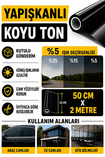 AUTOFOLYO Cam Filmi Koyu Ton 50cm X 2 Metre Ev - Ofis - Oto Uyumlu Yapışkanlı