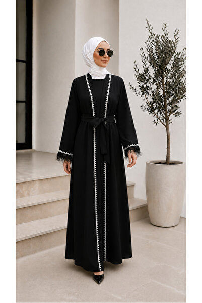 bellura Kolu Tüylü Taş Detaylı Kemerli Abaya
