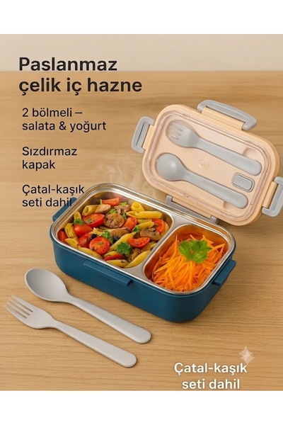 Sowo Home Steel Lunch Box 2 Compartments, with Fork Spoon, Air Lock, Microwav...