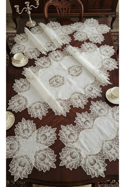 BRL ÇEYİZ HOME Linen Cover Lux Living Room Set with Heavy Guipure Lace