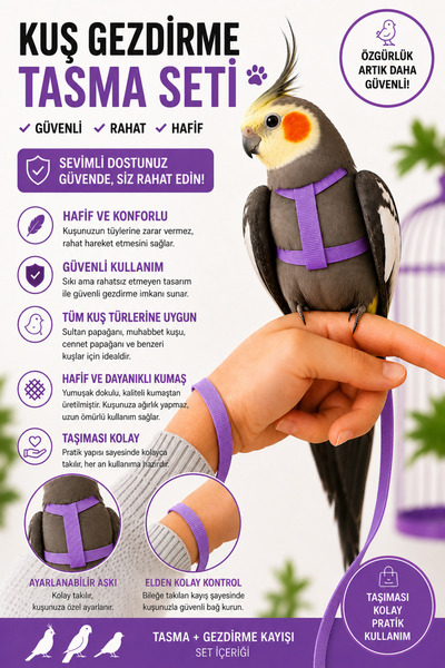 Petshop Mor Kuş Gezdirme Tasması Seti Ayarlanabilir Papağan Uçuş Tasması Muha...