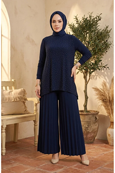 sefamerve Sandy Kumaş Bluz Pantolon Tesettür ikili Takım 5632-01 Lacivert