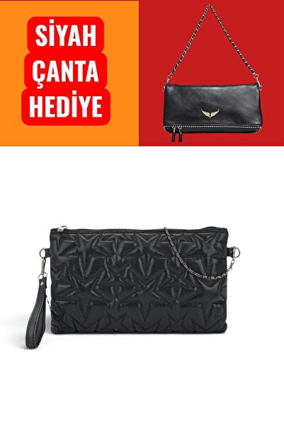 Morlex Siyah Yıldız Dokuma Portföy Çantası Kadın 2 Zincirli Omuz Çantası Hedi...