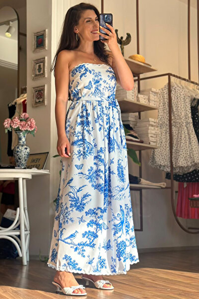 Unique Boutique Blue Floral Pattern Strapless White Long Dress
