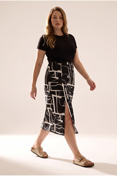 Stil Diva Plus Size Elastic Waist Abstract Patterned Slit Detailed Long Skirt...
